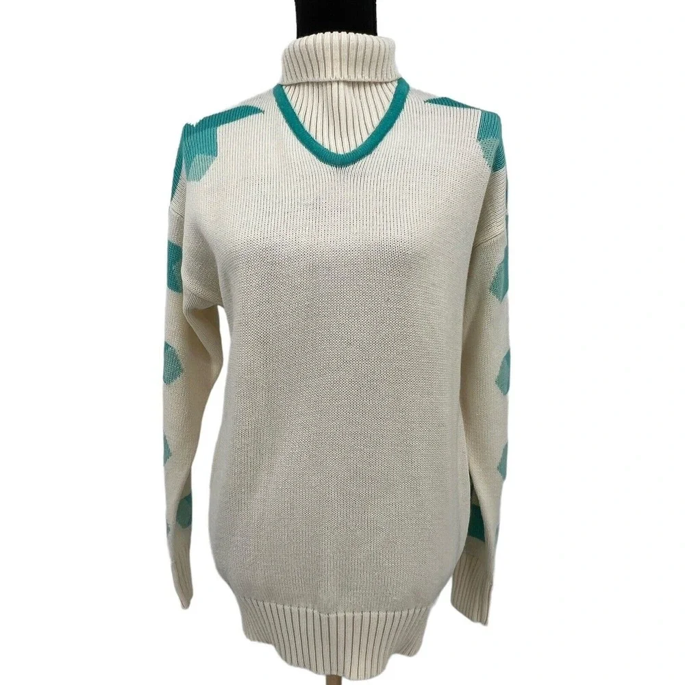 Vintage Meister Women Turtleneck Sweater Cream Teal Geometric Retro‎ Knit Large